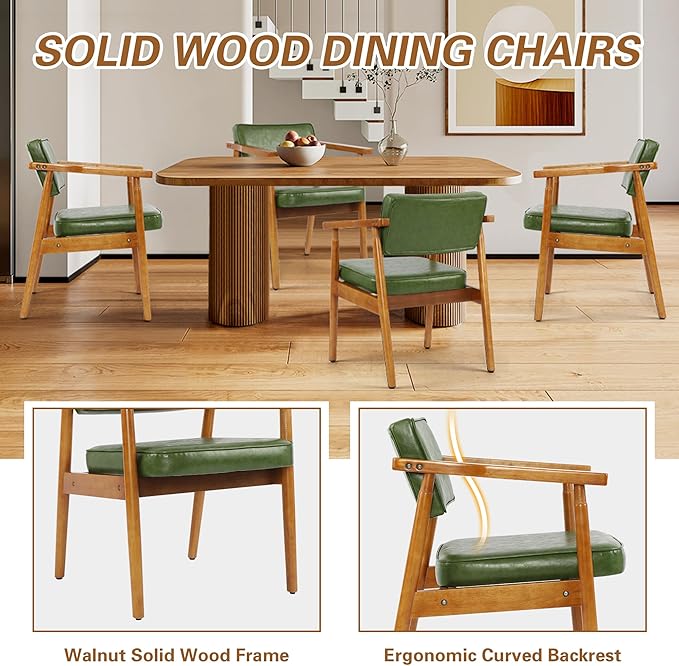LSSPAID Mid Century Dining Chairs with Wooden Handrail, Pu Upholstered Armchair Comfy Backrest Modern Kitchen Chairs for Bedroom Living Room Dining Room, Green, Set of 1