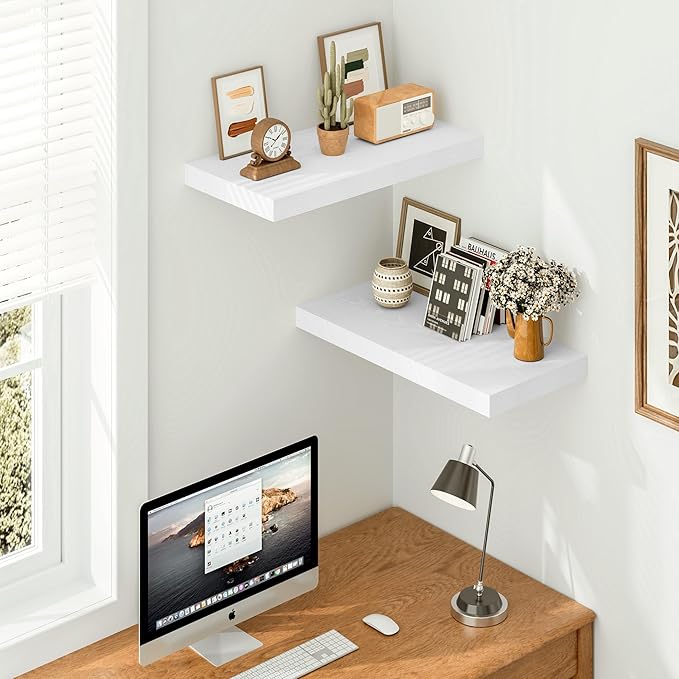 Vivelove White Floating Shelves 12 Inches Deep, [Wood Grain Texture] 23.6x12 Floating Shelves for Wall with Invisible Brackets, Room Shelves for Living Room Bedroom Bathroom Kitchen Office, Set of 2