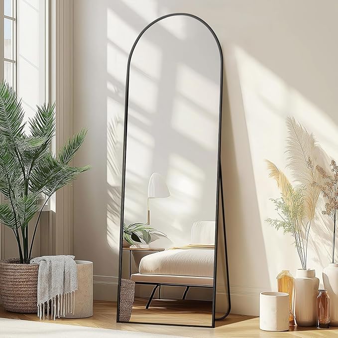 58"x18" Arched Full Length Mirror - Wall/Floor Mounted with Stand, Shatter-Proof Glass & Aluminum Frame, Large Body Mirror for Bedroom, Living Room, Entryway or Cloakroom, Black