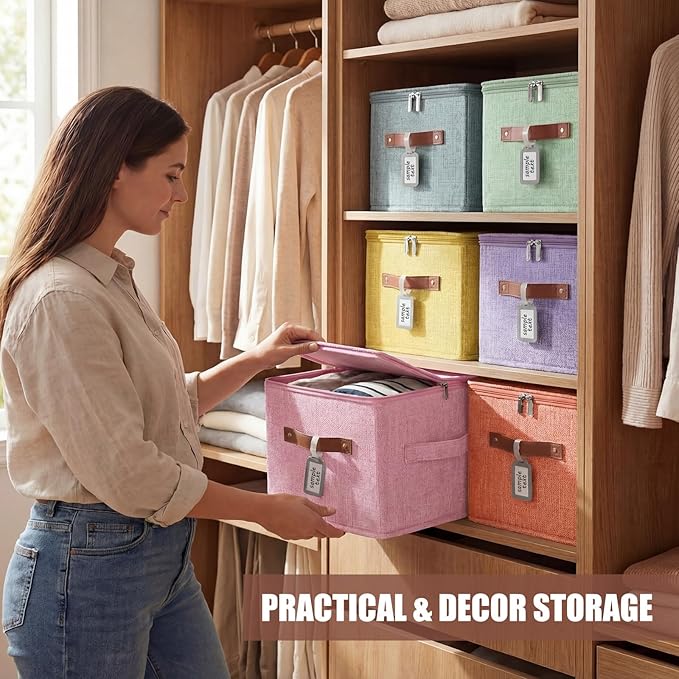 6 Pack Fabric Storage Bins with Lids and Label, 10×8×7In Foldable Cotton Linen Cute Storage Box with PU Leather Handles for Closet, Bedroom, Nursery, Pink, Purple, Blue, Green, Yellow, Orange