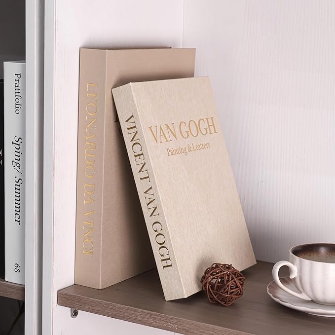 Premium Decorative Books - Set of 2 - Linen Storage Box for Coffee Table Faux Decor Boxes for Bookshelf Fake Books for Decoration for Living Room - Modern Home (Beige & Camel)