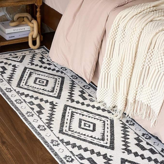 RAMEFILD Moroccan Washable Runner Rug 2x8, Geometric Woven Area Rug, Farmhouse Boho Hallway Rug Runner, Non-Slip Soft Lightweight Throw Mat for Bedroom Living Room Laundry Kitchen, Black and White