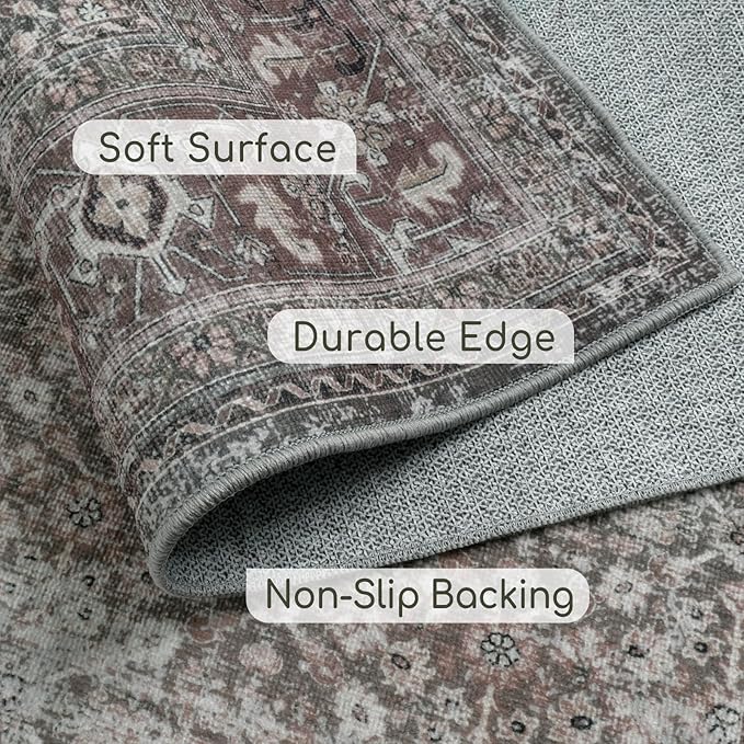 Fortsea Area Rug 9X12 Washable Rug Moss Salmon Vintage Traditional Distressed Thin Retro Kitchen Indoor Floor Cover Non Slip Carpet Floral Print Mat Living Room Bedroom Dining Room (Moss/Salmon 9X12)