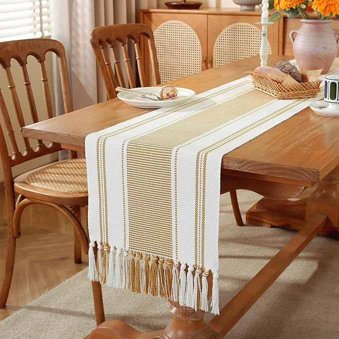 Niviy Gold Table Runner with Tassels, 90 Inches Long Farmhouse Macrame Cotton Linen Woven Runners for Summer Home Decor, Gold Table Decorations for Event Party, Christmas (Yellow, 12"×90")