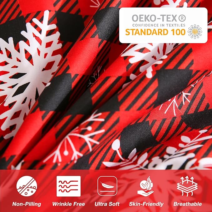 JSD Red Buffalo Plaid Snowflakes Duvet Cover Set King Size, 3 Piece Christmas Winter Printed Microfiber Duvet Comforter Covers