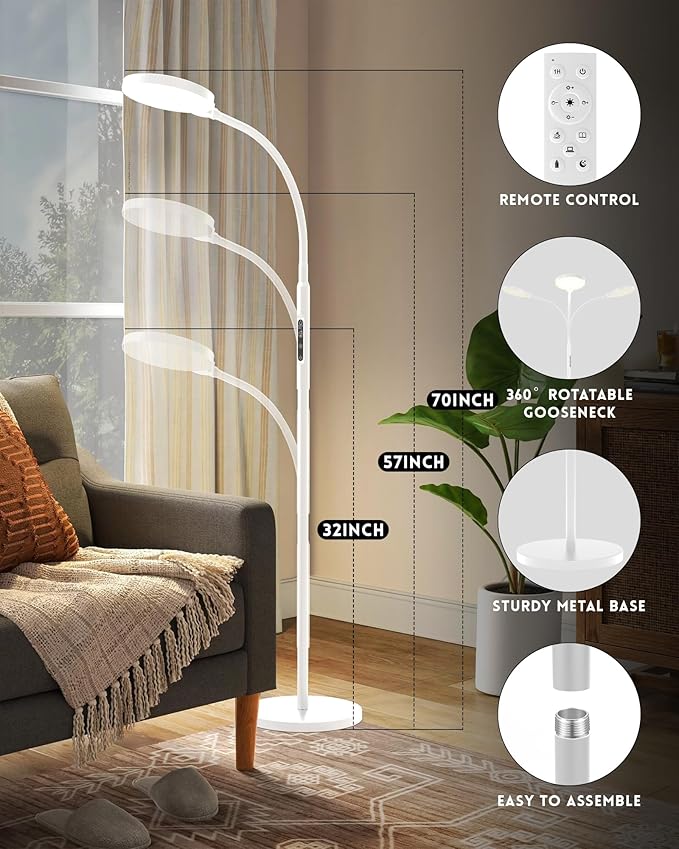 MirthSip Sunlight Lamp, 11000 Lux Full Spectum UV-Free LED Sun Light Floor Lamp with 5 Modes, 3 in 1 Mount, CRI97 Adjustable 10 Brightness/Timer/Memory, White