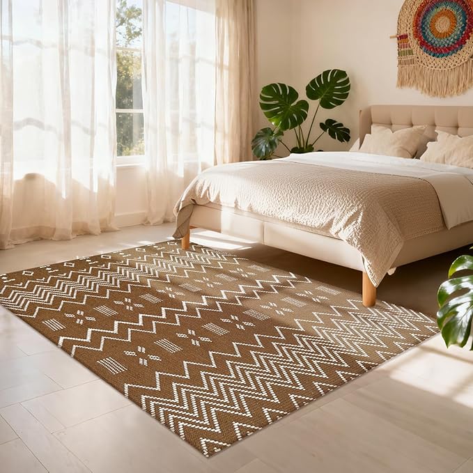 winolive Boho Rugs for Living Room,3x5 ft Braided Rug,Washable Faux Jute Rug for Bedroom,Cotton Soft Entryway Rugs,Floor Carpet with Rubber Backed,Non Slip,Brown/White