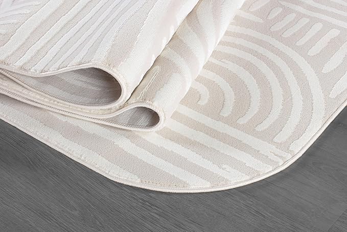 Beverly Rug Modern Geometric Area Rug 8x10 Low-High Pile Durable Soft Abstract Curved Indoor Rugs for Living Dining Room Office Stain Resistant Non Shedding Casual Indoor Carpet Beige White 8 x 10
