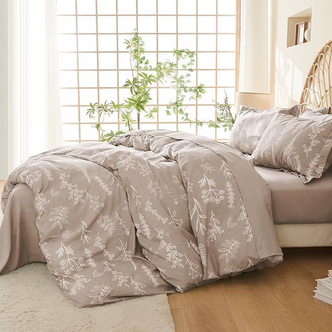 MUXHOMO Duvet Cover Queen Size, Reversible Floral Taupe Duvet Cover Set with Zipper Closure, 3 Pieces Botanical Patterns Soft Microfiber Bedding Set with 4 Ties (90"x90", 2 Pillow Cases)