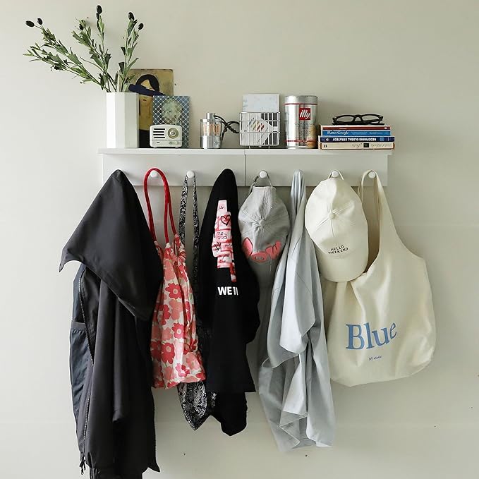 Entrance Coat Rack ，Coat Hooks, Wall-Mounted Wooden Hook Rack, Wall-Mounted Shelves are Very Suitable (White Color Finish—A-2)