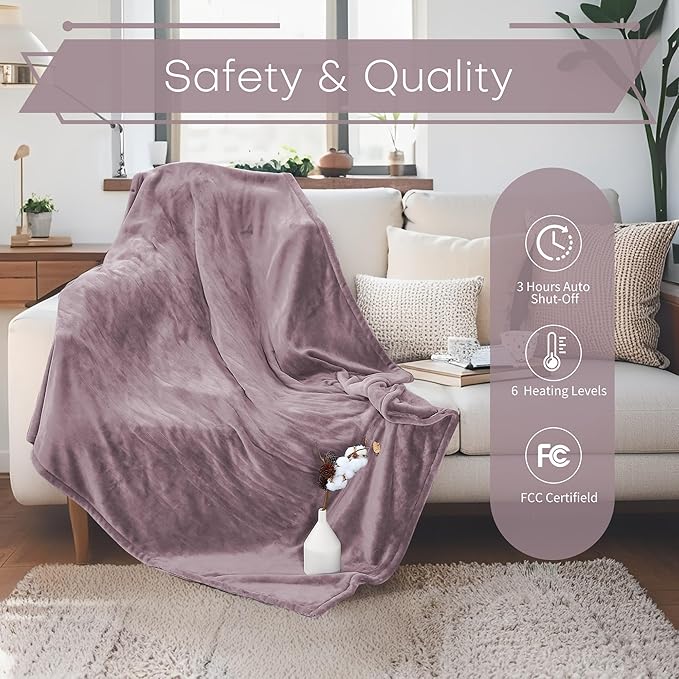 Electric Heated Blanket Throw Size 50"x60" - Flannel & Sherpa Fabric Dual-Sided, 6 Heat Settings & 1-3 Hours Auto Off, Soft & Cozy Machine Washable, Lavender Purple