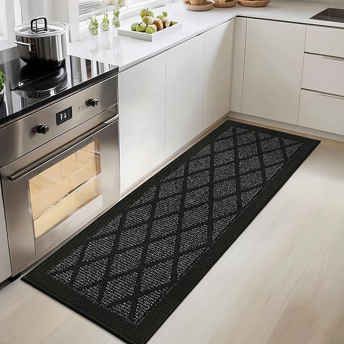 COSY HOMEER Kitchen Rug Non Slip Washable, 20"x48" Absorbent Kitchen Mats for Floor, Runner Rugs for Kitchen Floor, 100% Polypropylene Kitchen Sink Rug (Black)