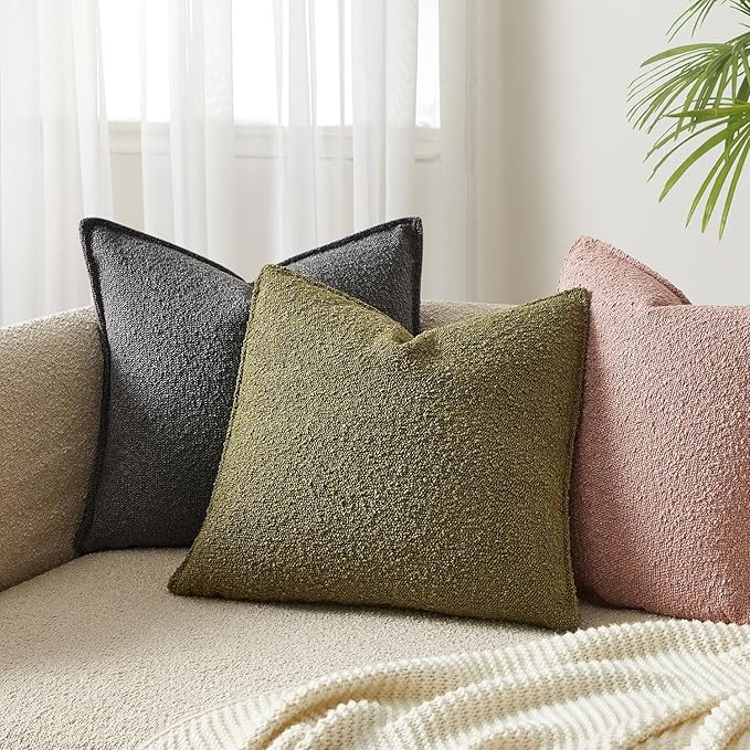 JUSPURBET 18x18 Pillow Covers Set of 2 Decorative Throw Pillow Covers Case for Couch Sofa Bed Soft Boucle Textured Cushion Covers with Hidden Zipper for Home Decor Living Room,Olive Green