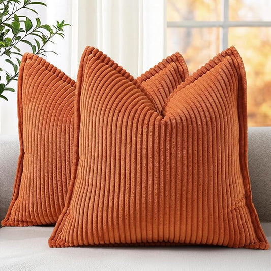 decorUhome Spring Corduroy Rust Throw Pillow Covers 16x16 Set of 2 Decorative Soft Boho Farmhouse Couch Pillow Covers for Living Room Bed Sofa Broadside Striped Pillow Cases