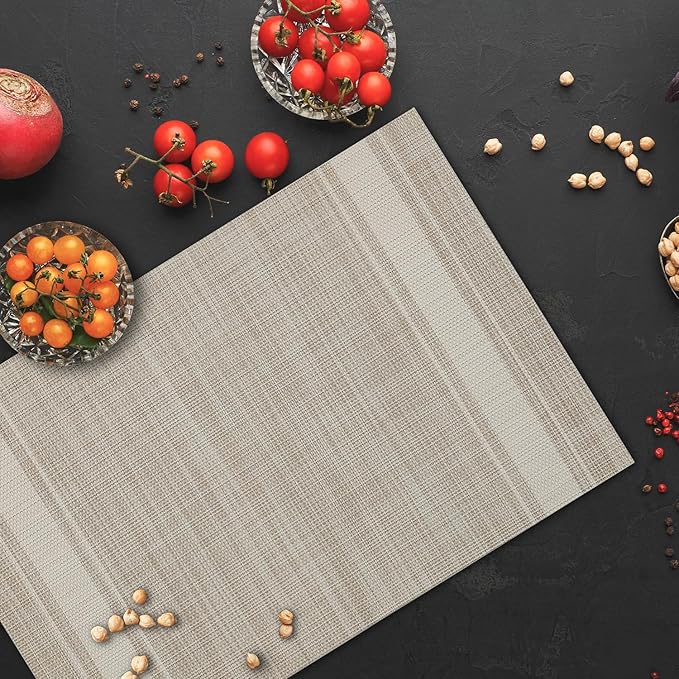 Placemats Set of 4 Vinyl Washable Linen ColorPlacemats, 18"x12" Wipeable Heat-Resistant Non-Slip Easy Clean Table Mats Ideal for Dining Table Table Runner and Outdoor(4, Linen Wide Stripe)