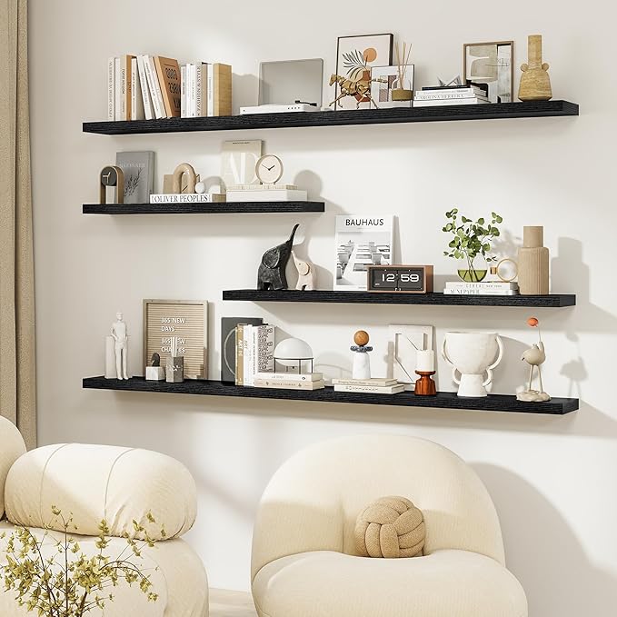 Dreamland 24Inch Floating Shelves for Wall, Rustic Wooden Black Floating Shelves for Bathroom|Bedroom|Kitchen, Deep Wall Mounted Book Shelf, Wood Storage Display Shelf for Home Decor, Set of 2