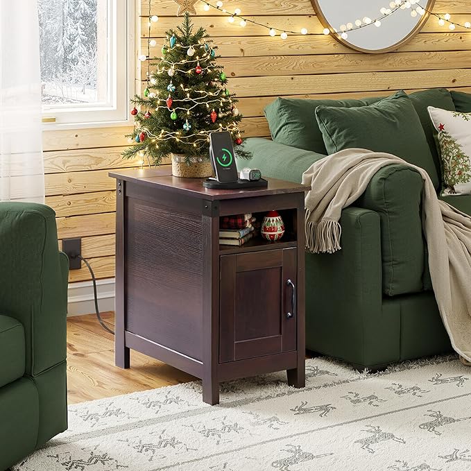 WLIVE End Table with Charging Station, Narrow Side Table for Living Room, Farmhouse Night Stand with Storage, Small Wooden Nightstand with USB Ports and Outlets for Living Room and Bedroom, Brown