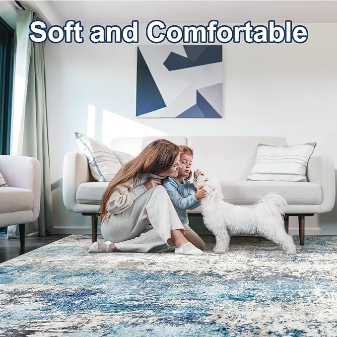 AREAMAY Washable Area Rug for Living Room 6x9 - Neutral Modern Abstract Rugs, Soft Non Slip Thin Carpet with for Bedroom, Under Dining Room Table, Home, Office, Dorm - Blue Gray