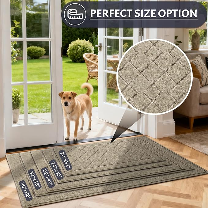 REFETONE Dirt Trapper Door Mat 20" x 32", Washable Indoor Doormat Rubber Backing Non Slip, Resist Dirt and Absorbent Entrance Mat, Low Profile Inside Floor Mats for Front Back Door and Entryway, Beige