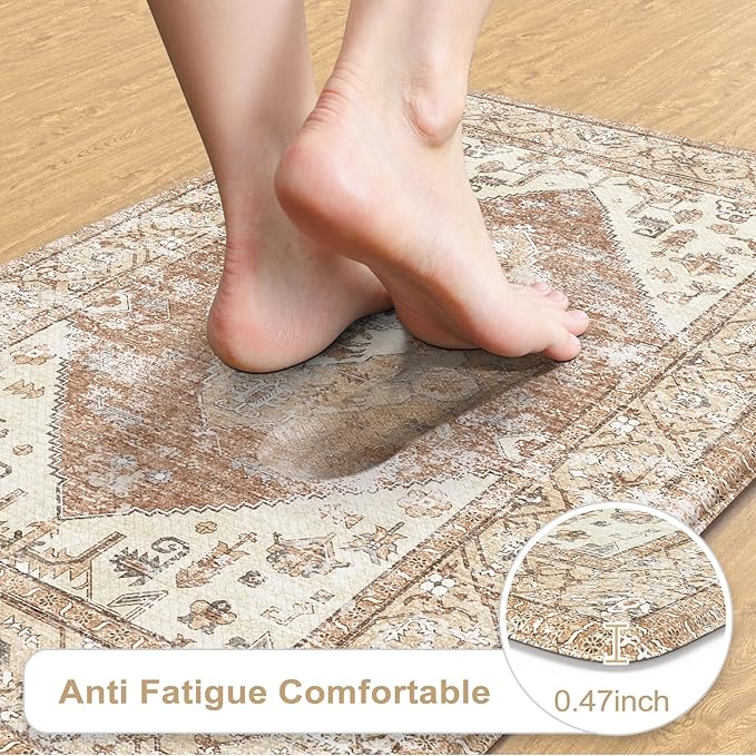 KIMODE Anti Fatigue Kitchen Mats,Boho Vintage Kitchen Rugs Sets of 2,Non Slip Waterproof Kitchen Floor Mats,Ergonomic Cushioned Comfort Standing Mat for Laundry,Office,Sink,Desk,Mutil-Khaki