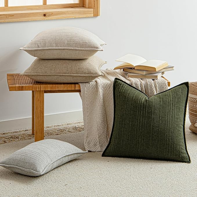 a moment Linen Pillow Covers Set of 2,Boho Farmhouse Throw Pillowcases Neutral Textured Decorative Covers for Couch Sofa,Linen Blend Accent Case Cushion Living Room Home Decor 20"x20"Dark Green