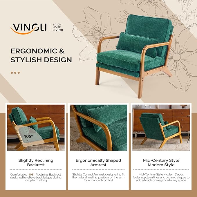 VINGLI Chenille Mid-Century Modern Accent Chair, Cute Reading Arm Chair with Cushion & Lumbar Pillow & Solid Wood Frame for Lounge, Living Room, Reading Room, Bedroom, Forest-Green