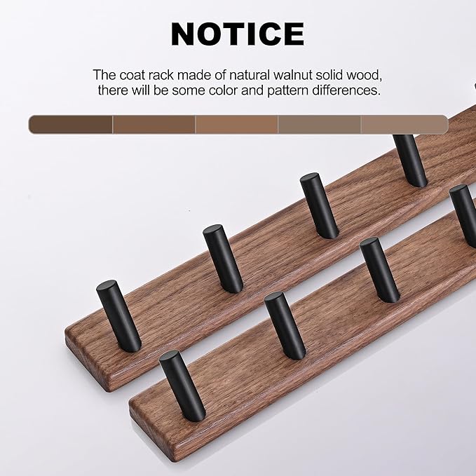 17.3" Small Wooden Coat Rack Wall Mounted with 5 Pegs Hooks, Entryway Wall Hooks Coat Hanger for Hanging Towel Jacket Clothes Hat Backpack Shoe Purse Key Holder Hook Rail by Black Walnut Wood