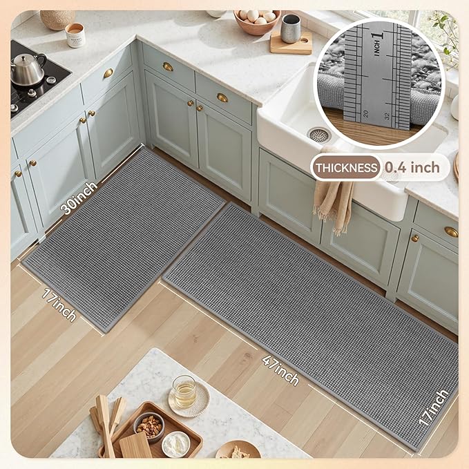 PADOOR Kitchen Rug Sets Non Slip, Washable Kitchen-Mats for Floor Absorbent Runner Rug for Kitchen, Kitchen Floor Mat for Hallway Laundry 17"x30"+17"x47" Grey
