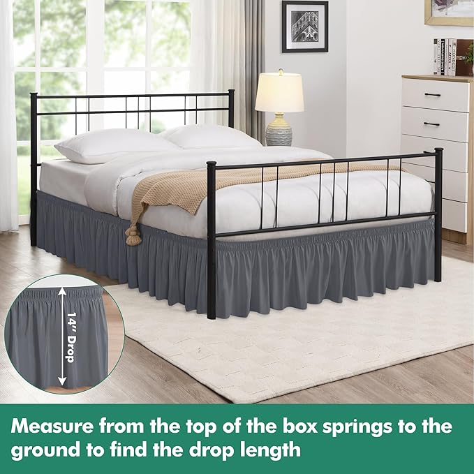 Biscaynebay Wrap Around Bed Skirts with Split Corners for Queen Beds 14" Drop, Dark Grey Elastic Dust Ruffles Adjustable Easy Fit Wrinkle & Fade Resistant Silky Luxurious Fabric Machine Washable