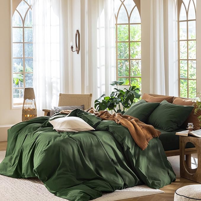 MooMee Bedding Duvet Cover Set 100% Washed Cotton Linen Like Textured Breathable Durable Soft Comfy (Solid Forest Green, Palatial King/Oversized King 120"x98")