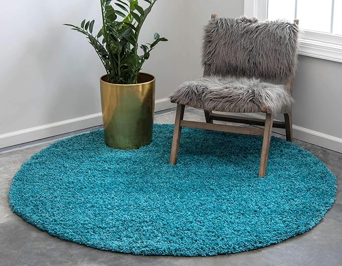 Unique Loom Solid Shag Collection Area Rug (6' 1" Round, Deep Aqua Blue)