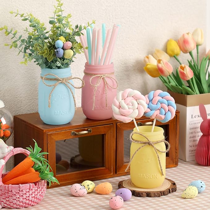 Easter Decorations, Mason Jar Centerpiece for Dinning Table with Wood Tray & Easter Eggs Decor, Table Decor for the Home, Spring Decorations for Home