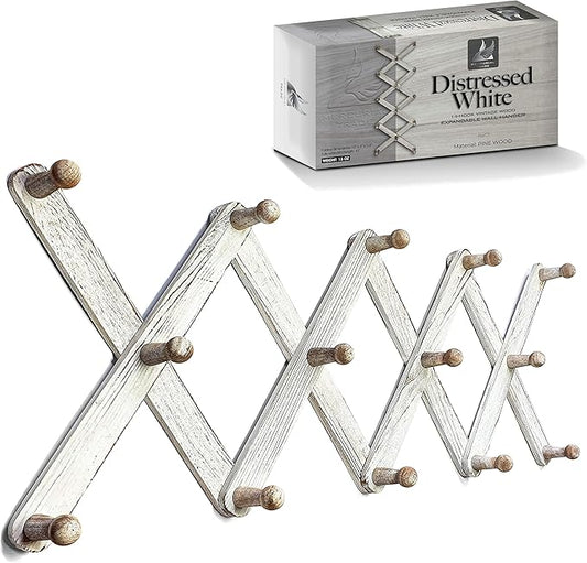 Expandable Wooden Coat Rack Hanger – Accordion Wall Mounted Pine Wood Hooks – Hand Made Vintage Expending Pegs – Hang Coat, Jacket, Hat, Leash, Towel, Mug, Bag – Distressed White