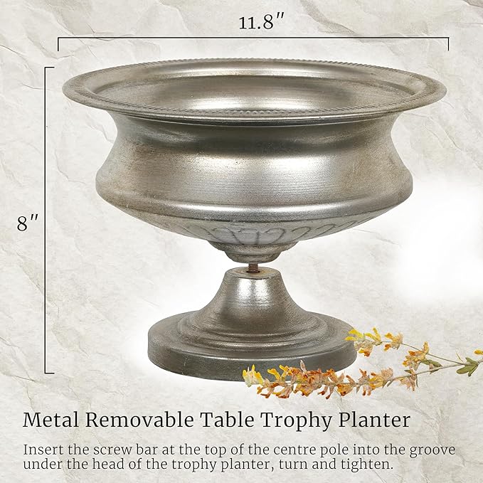 WORTH Silver Color Urn Vase for Centerpieces Set of 2, 8" H. x 11.8" Dia. Metal Trumpet Small Flower Pots for Table, Bowl Vase for Wedding Party Event Home Decor