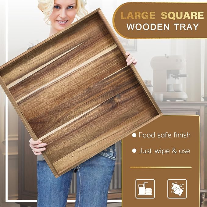 MAONAME Extra Large Square Ottoman Tray, 24" Acacia Wood Serving Tray for with Handles, Farmhouse Wooden Decorative Trays, Coffee Table Trays for Living Room, Countertop, Charcuterie