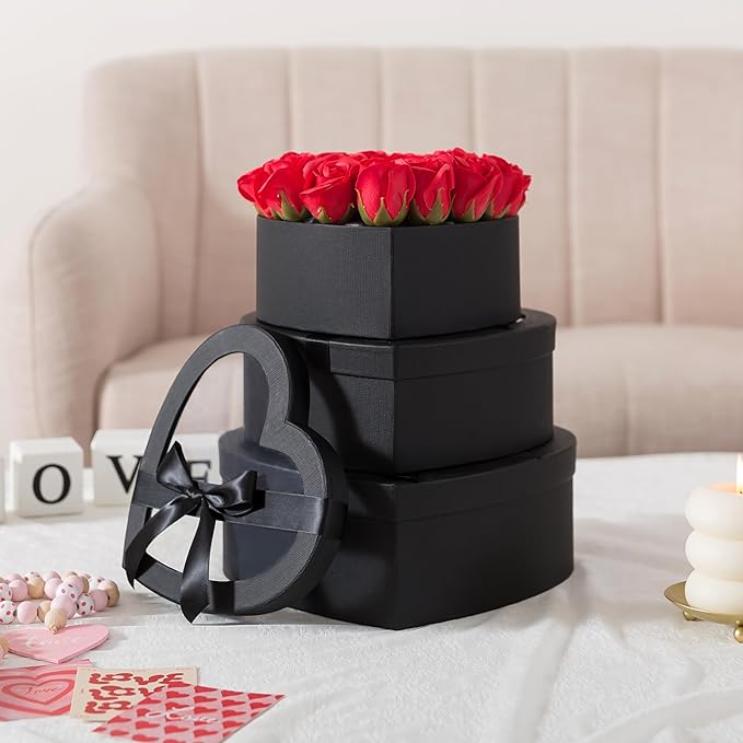 Soul & Lane Black Heart Shaped Gift Boxes with Clear Lids and Decorative Bows: Set of 3 Cardboard Heart Boxes for Flowers, Chocolates, Large Box for Flower Arrangements and Valentine’s Day Presents