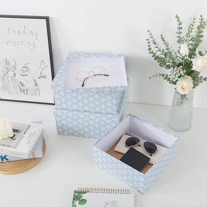 Soul & Lane Set of 3 Decorative Boxes with Lids, Square 11" x 11" Nesting Cardboard Storage for Home Décor in Blue, Keepsake and Memory Boxes for Organizing, Deco Sky