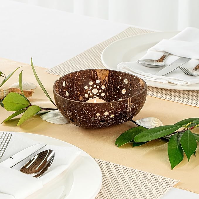 Restaurantware-Coco Casa 5.1 x 2 Inch Coconut Shell Candle Holders, 10 Reusable Tealight Holders - Candle Not Included, Sun Pattern, Brown Coconut Bowls For Candles, Handcrafted