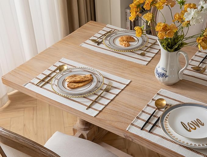 Caflife Boho Farmhouse Placemats Set of 6, Brown Stripes Cotton Linen Woven Table Mats for Modern Dining Table, 13x19 Inch Rustic Kitchen Decor Place Mats