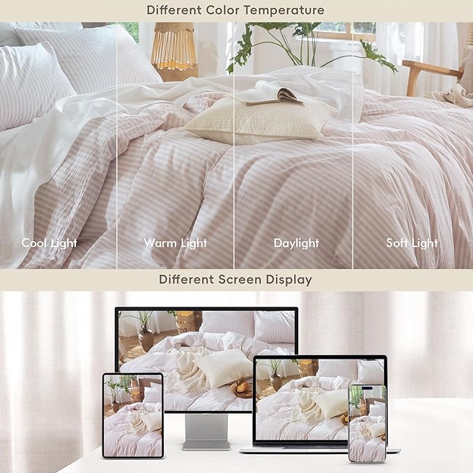MooMee Striped Duvet Cover Set 100% Washed Cotton Linen Like Textured Breathable Durable Soft Comfy (Heathered Greyish Pink Classic Stripes, Queen 90"x90")