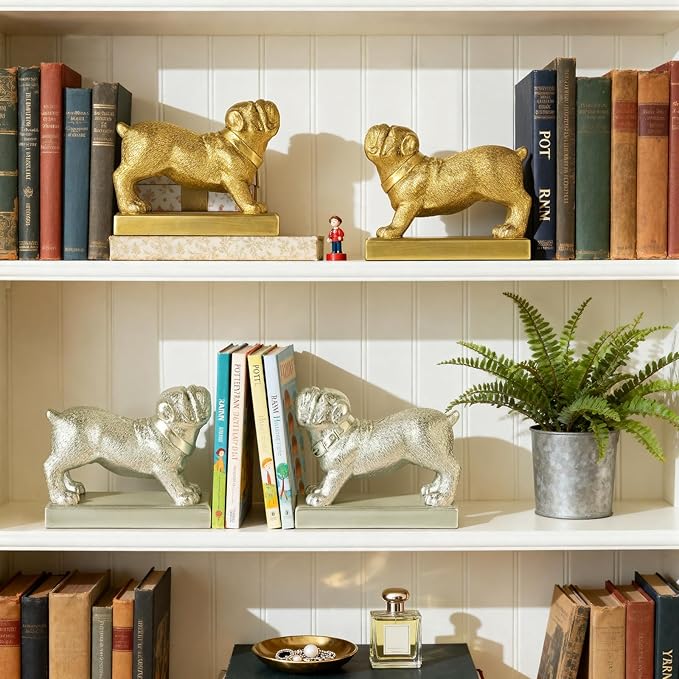 Decorative Bookends for Shelves, Dog Book Ends for Heavy Books, Bulldog Statues Bookends for Heavy Books with Anti-Slip Base Book Holders for Home Office Decor (Silver)