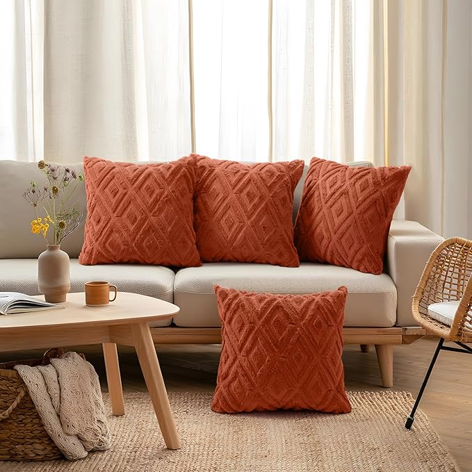 decorUhome Pack of 4 Faux Fur Fall Burnt Orange Throw Pillow Covers 18x18, Soft Decorative Couch Pillow Covers with Velvet Back for Modern Sofa Living Room, Rust