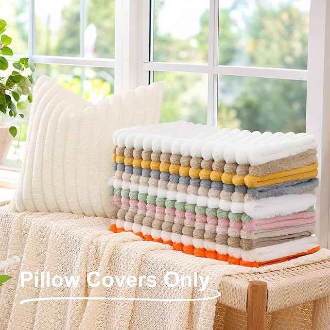 decorUhome Faux Fur Spring Throw Pillow Covers 24x24 Set of 2, Decorative Soft Plush Striped Neutral Couch Euro Sham Pillow Covers with Velvet Back for Sofa, Bed, Living Room Home, Grey Blue