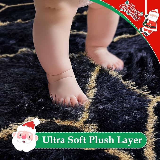 Shag Area Rug for Bedroom 5x8,Fluffy Area Rugs for Living Room,Geometric Soft Fuzzy Rug Non-Shedding Indoor Plush Carpet for Kids Bedroom Nursery Dorm Home Christmas,Black and Gold