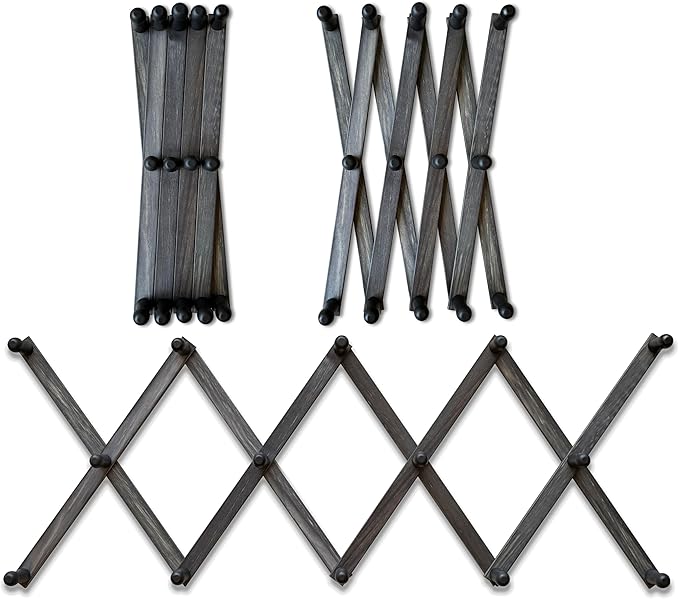 Expandable Wooden Coat Rack Hanger - Large Accordion Hanger with Expanding Pegs | Hand Made Rustic Wooden Hat Rack for Wall | Hang Coat, Jacket, Hat – 14 Hook, Distressed Black