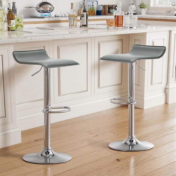 NOBPEINT Contemporary Chrome Air Lift Adjustable Swivel Bar Stool, Set of 2, Gray