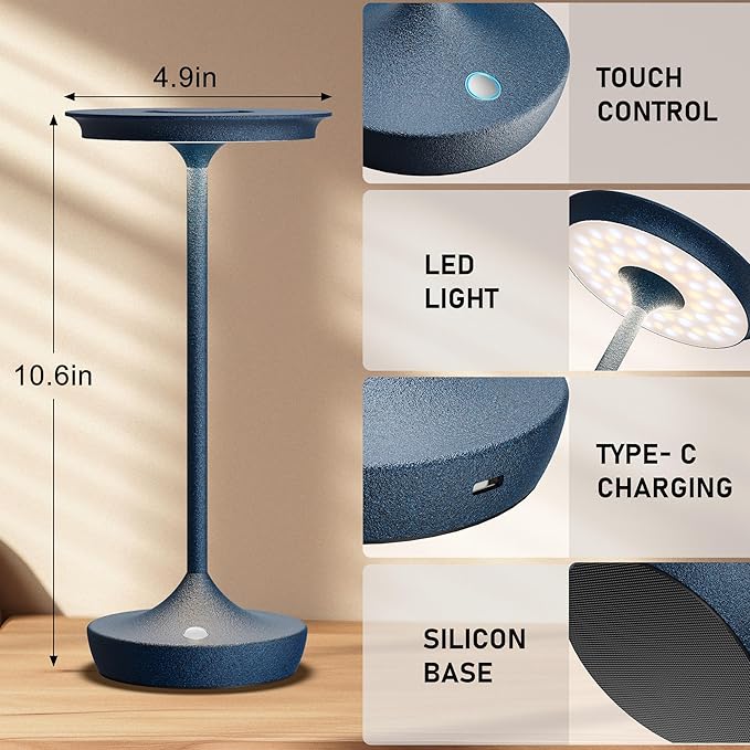 LED Cordless Table Lamps Rechargeable - Outdoor Battery Operated Portable Table Light 3 Color Stepless Dimming Tables Lamp with Memory Function for Patio Restaurant Dining 2 Pack Blue