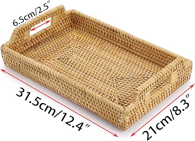 Hipiwe Rattan Serving Tray with Handles - Hand-Woven Decorative Tray for Storage Breakfast, Drinks, Snack,Rectangular Basket Organizer Tray for Coffee Table, Home Decor (Small)