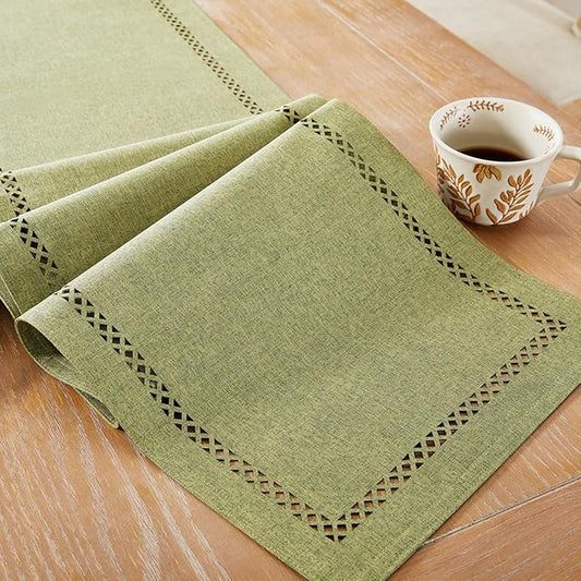 Burlap Style Farmhouse Table Runner, 13 x 60 Inch Sage Green, Rustic Geometric Hollow Table Runners 60 Inches Long for Dresser Table Everyday Use, 13x60 Inches, Sage Green