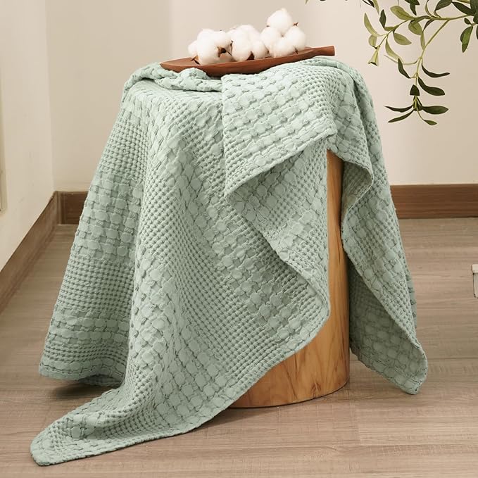 PHF 100% Cotton Waffle Weave Throw Blanket, Soft Lightweight Breathable Cozy Throws for Couch Bed Sofa, 300 GSM Luxury Aesthetic Blanket Gift for Home Decor & Office, 50"x60", Mint Green